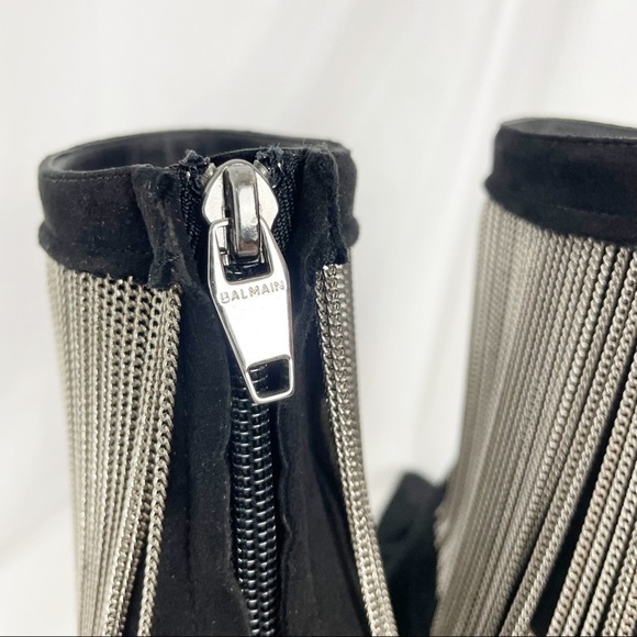 Balmain Mercy Suede Chain Fringe Pointed Toe Stiletto Heeled Ankle Boots Black - Picture 9 of 14